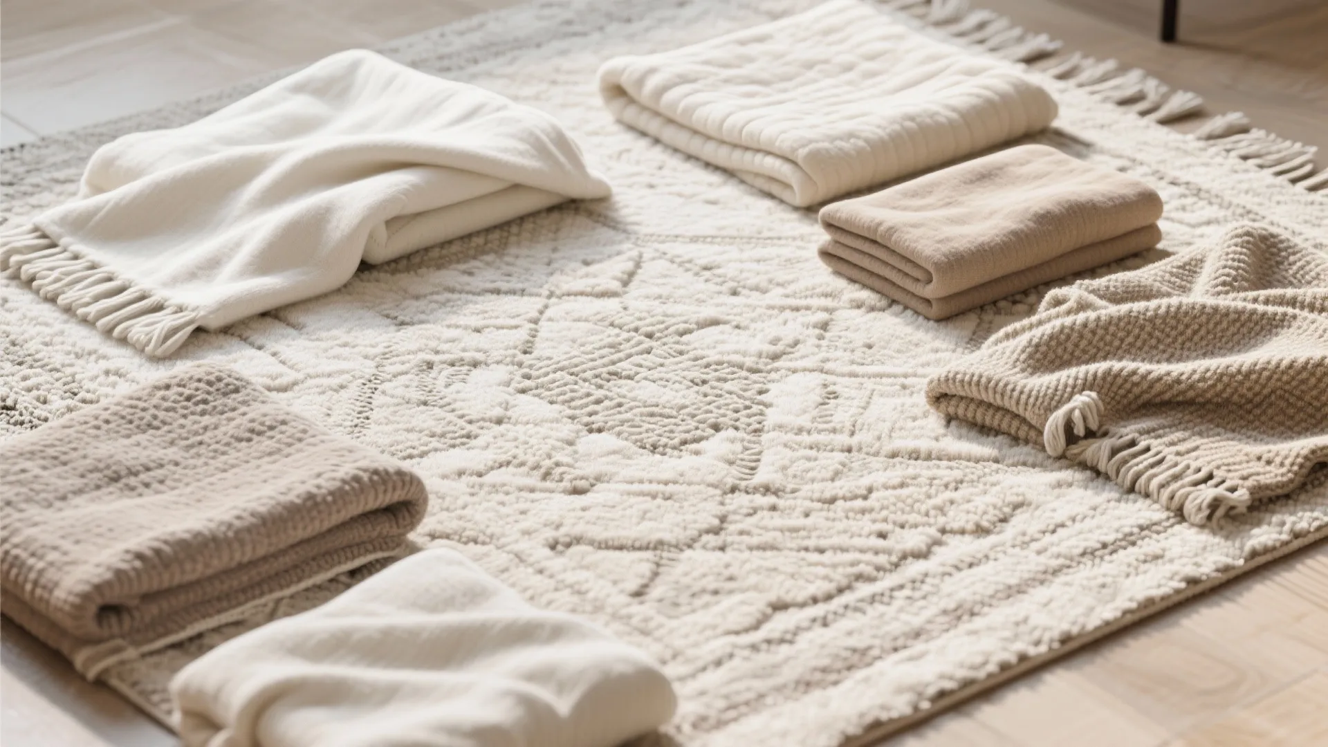 Soft white and beige blankets neatly folded on a patterned area rug with small fringe edges