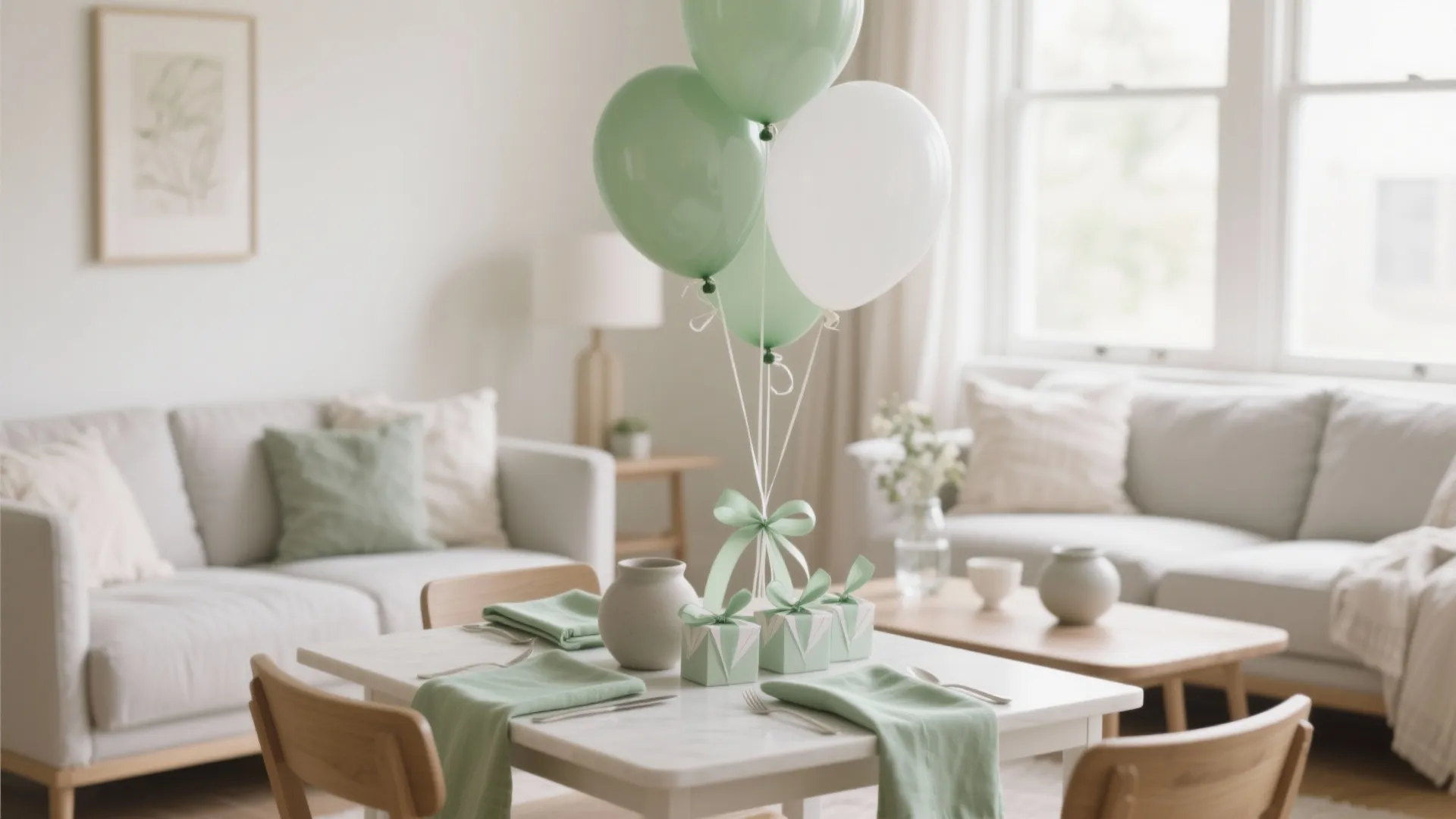 Neutral baby shower decor with sage accents on napkins, balloons, and favor ribbons.