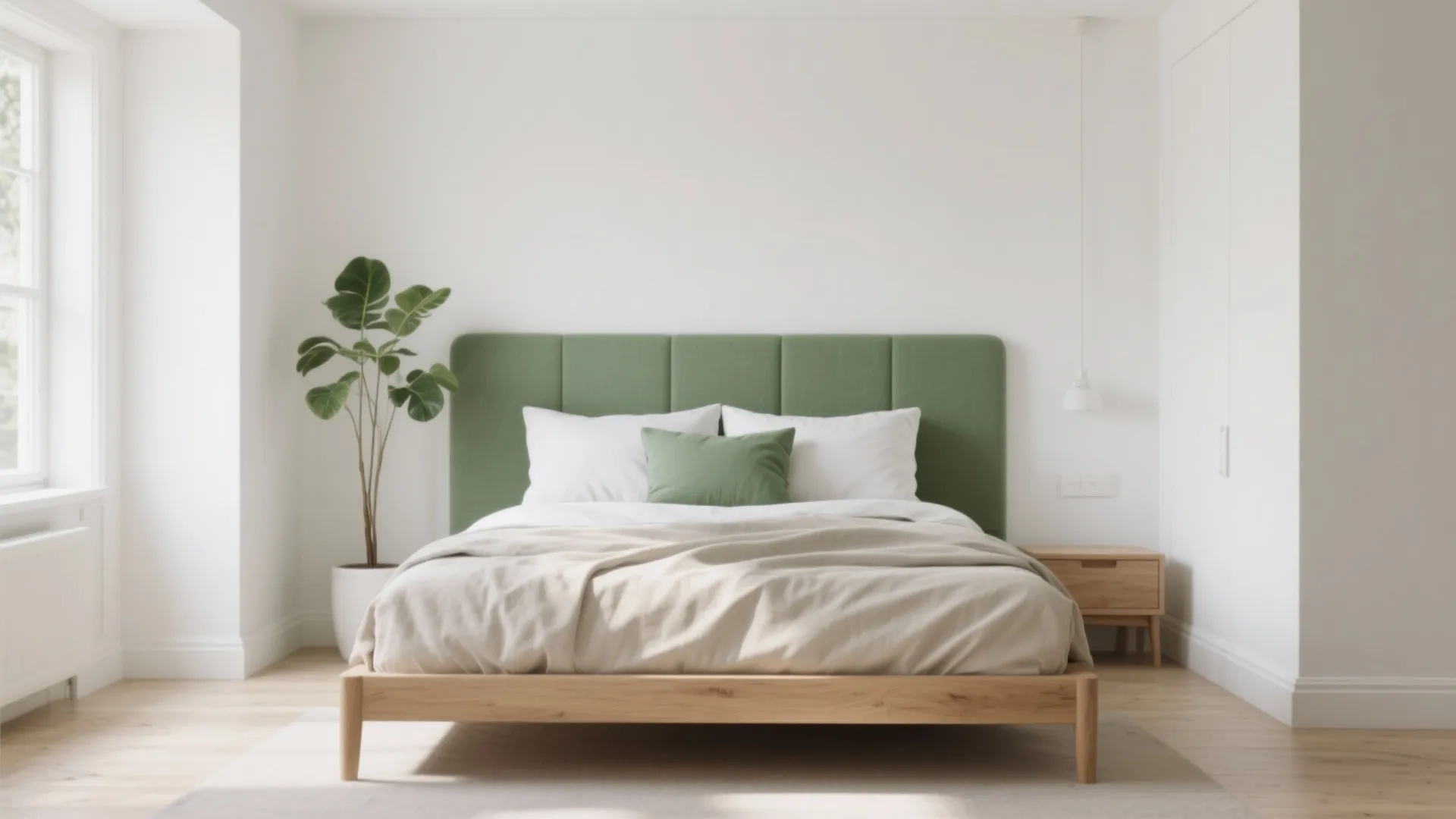 Modern bedroom with green headboard, wooden bed, white pillows, potted plant, and wood bedside table