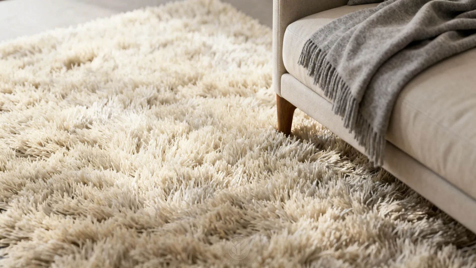 Close-up of a warm neutral shag rug layered under mid-century seating for plush comfort.