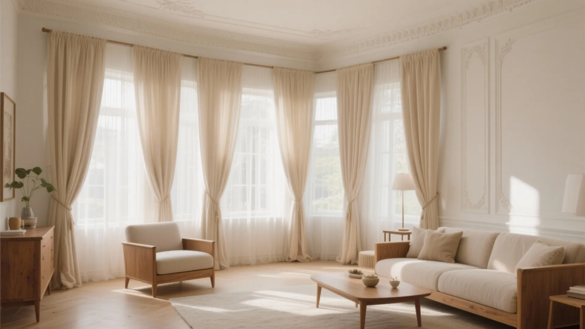 Neutral sheer curtains layered with opaque drapes in a bright living room
