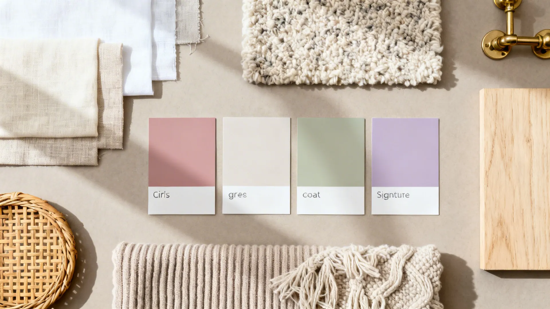 Neutral paint and fabric swatches with a dusty rose, sage, and lavender accent shown in a flat lay.