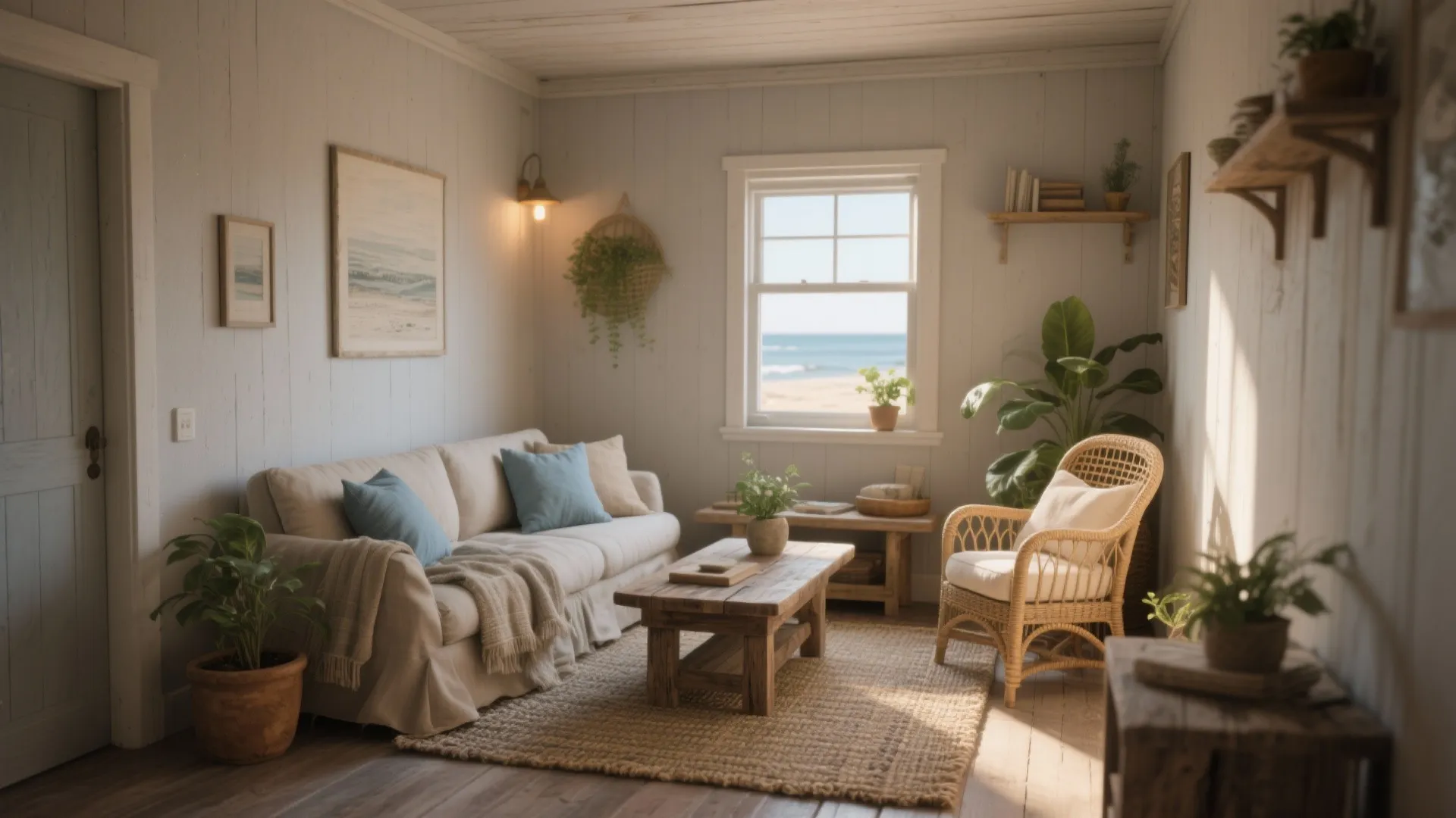 Cozy beach house living room with white sofa wooden table woven chair and ocean view