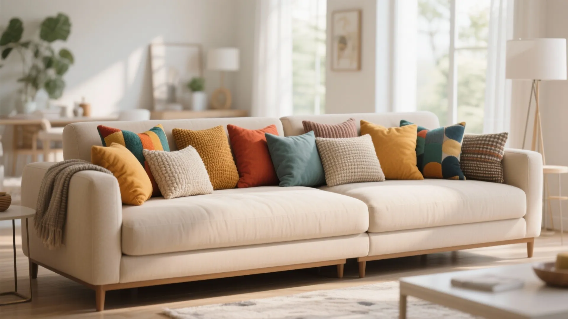Neutral sofa with bold colorful accent pillows in airy living room