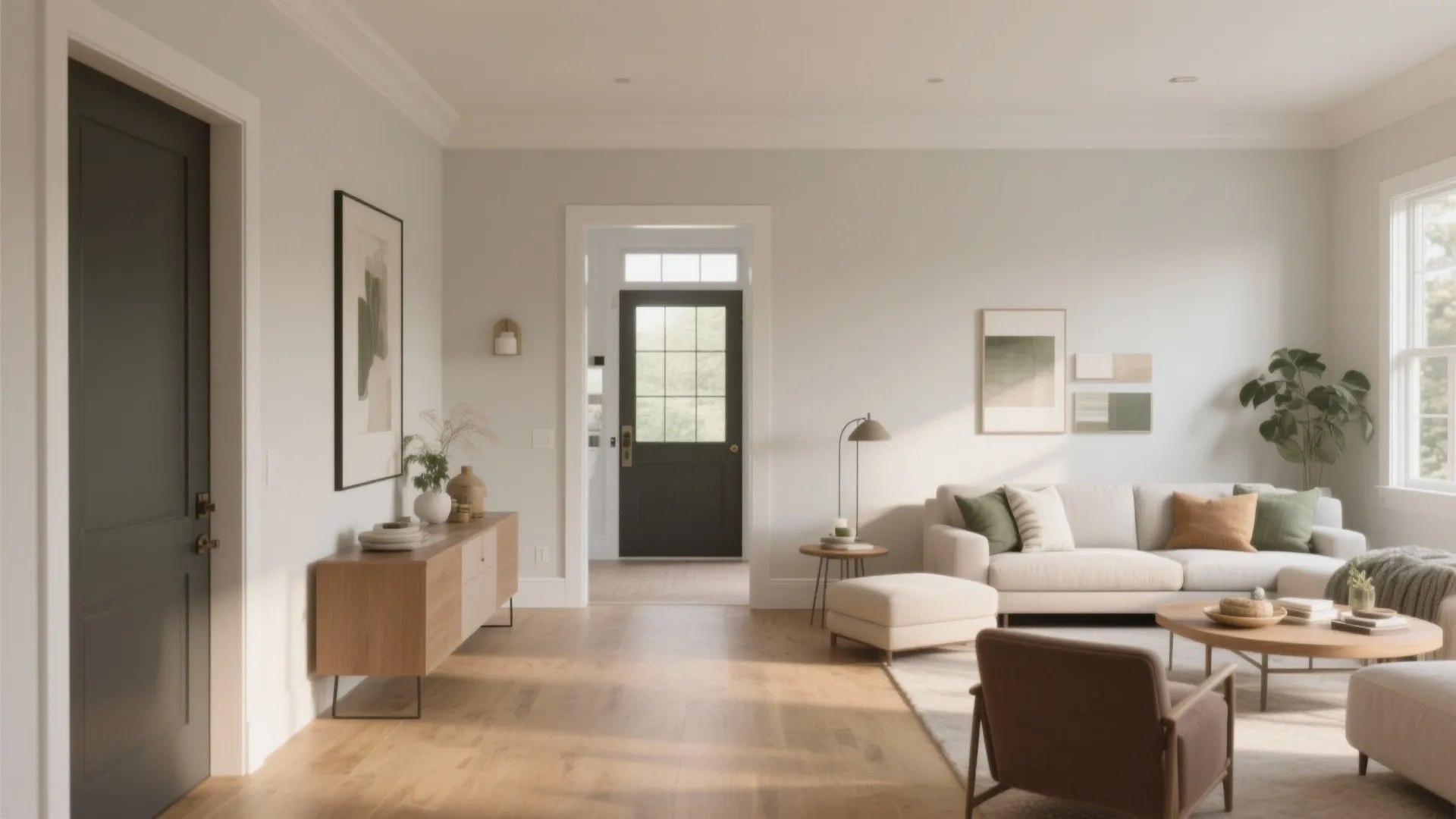 Modern bright living room with cream sofa wood floors black doors and large white windows