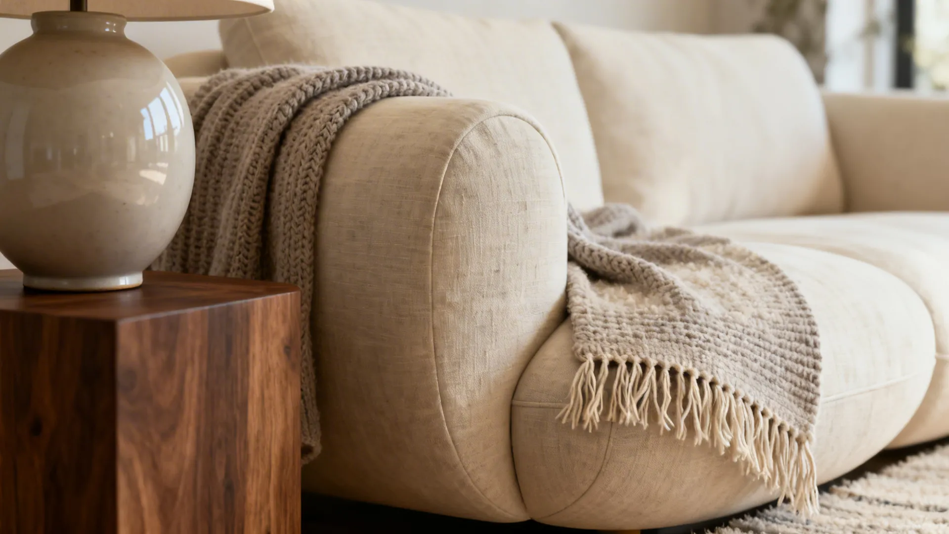 Macro view of sculptural sofa texture, wool rug and knit throw in a neutral living room.