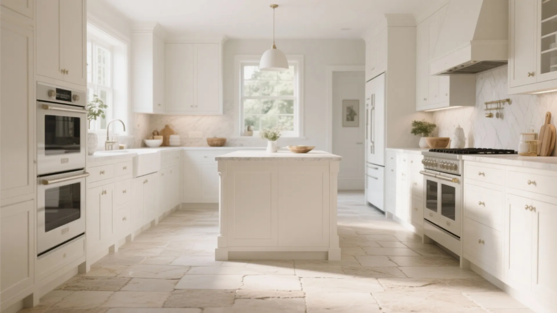 Bright white kitchen with kitchen island neutral stone floor white cabinets built-in oven and light