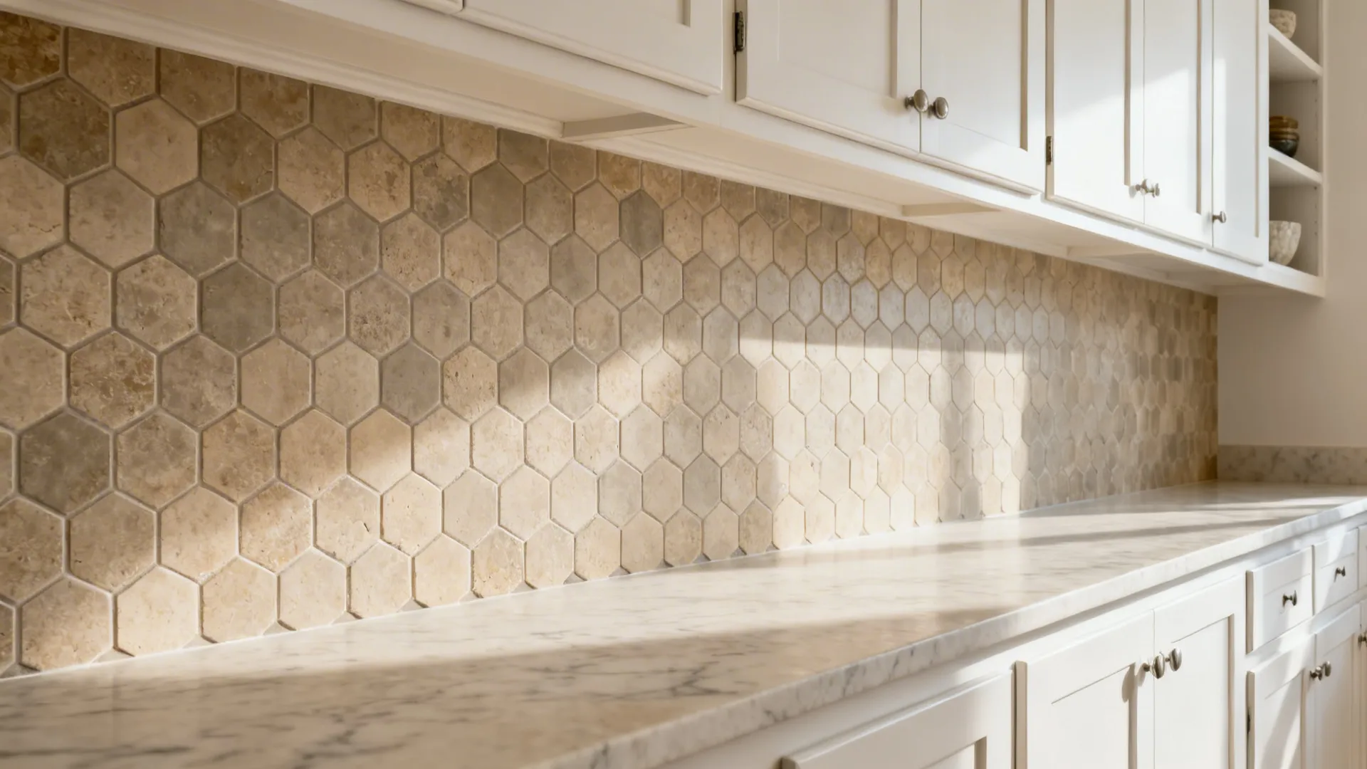 Honed limestone hexagon mosaic in warm greige pairs with white cabinets in a small galley kitchen.