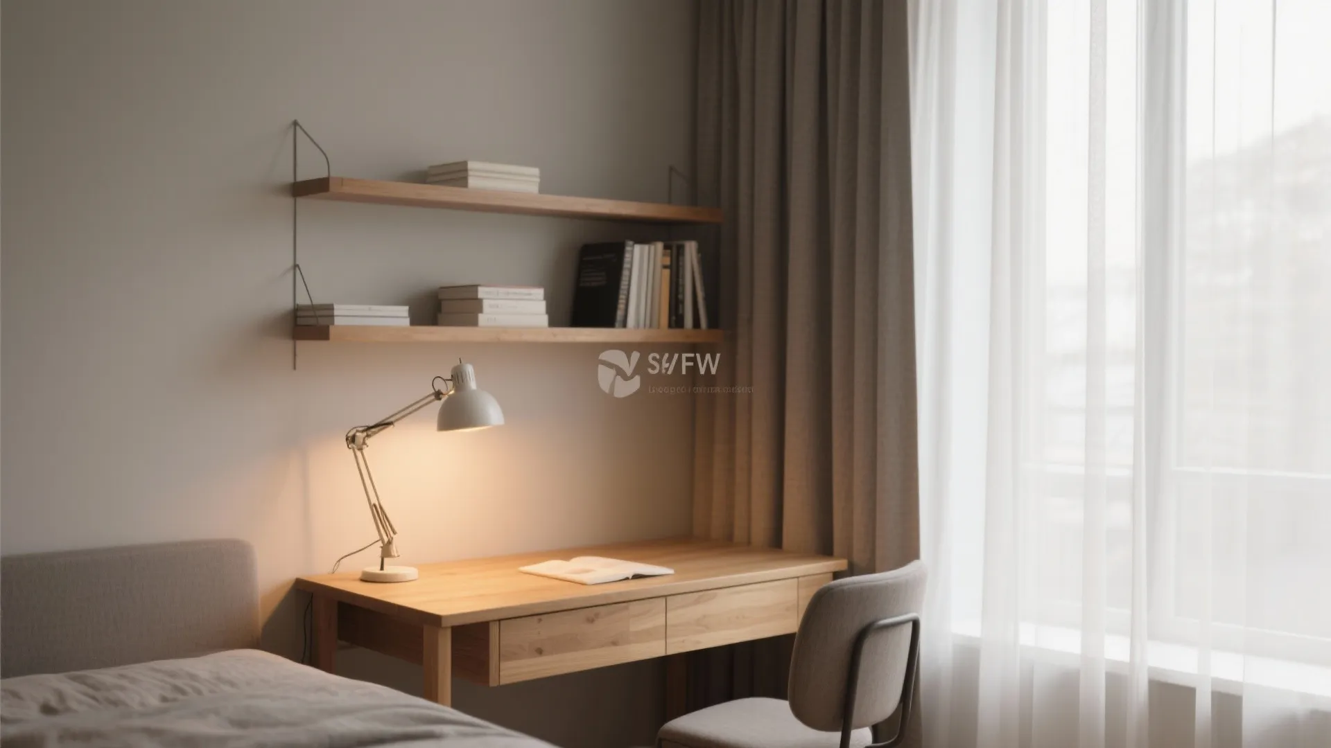 Minimalist study area with wooden desk desk lamp wall shelves grey chair and white curtains