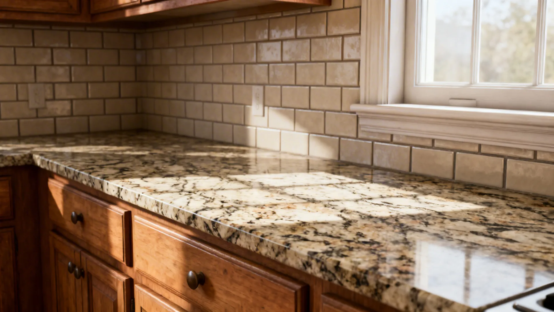 Granite countertop with neutral subway tile backsplash and warm grout