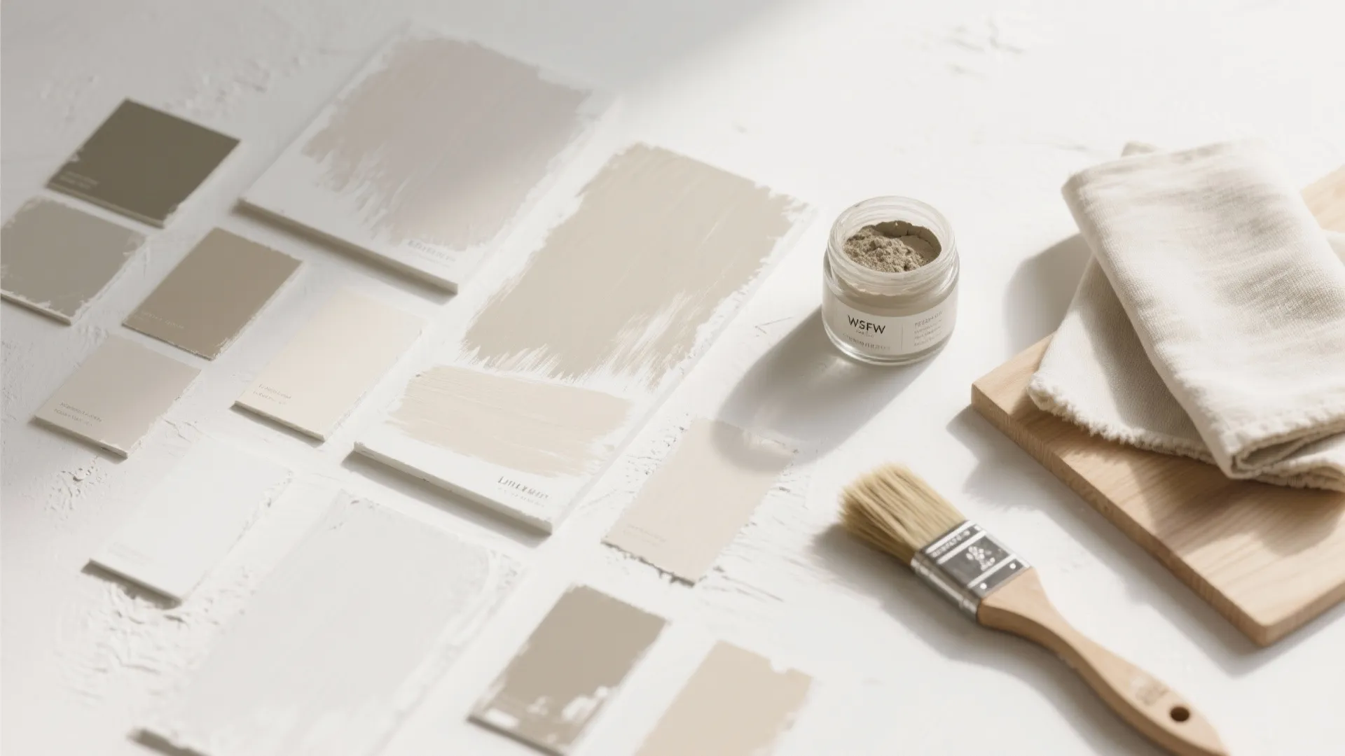 Neutral beige paint color samples on white surface with a wooden brush and small jar