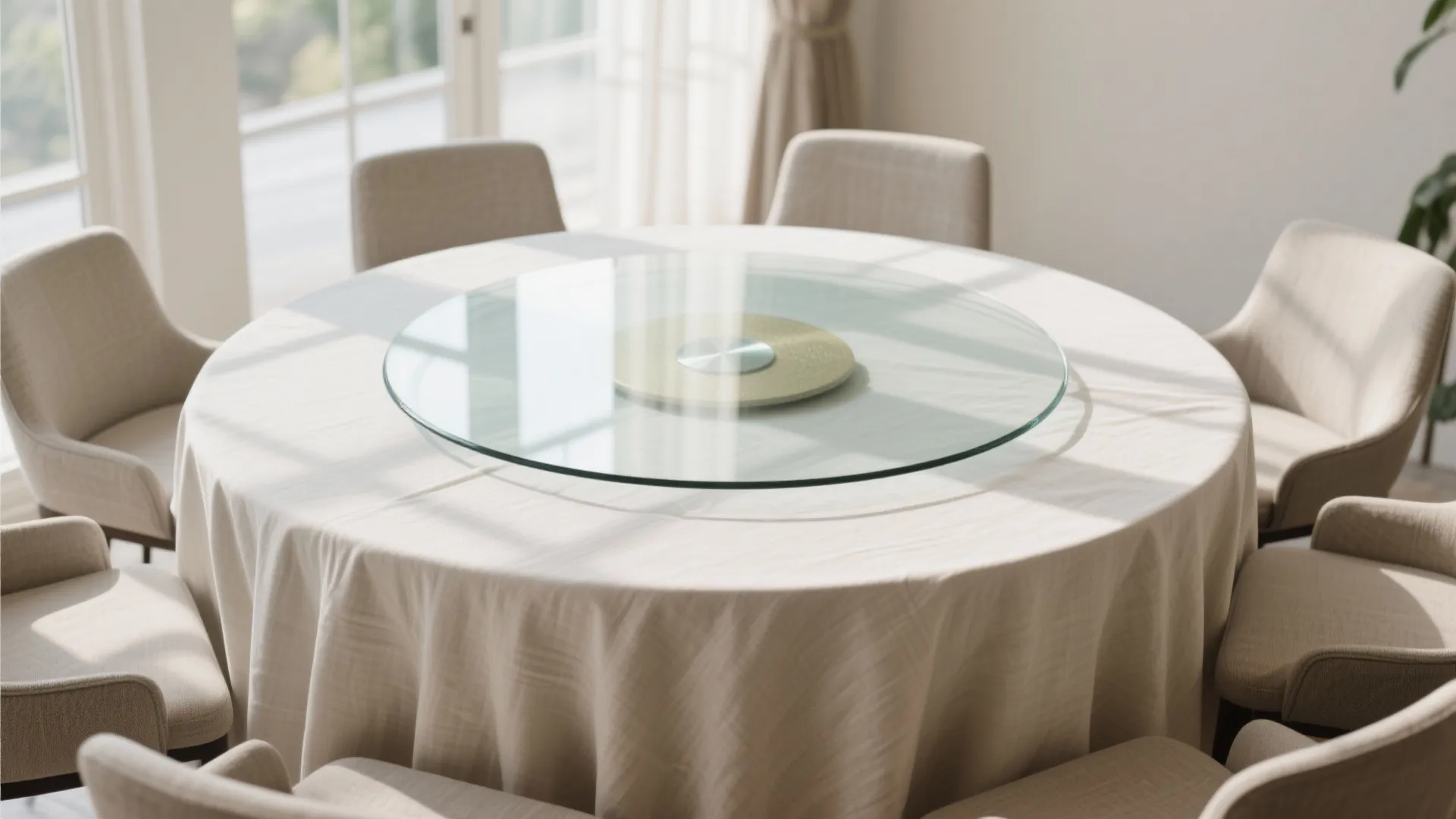 Round dining table with beige tablecloth and glass top surrounded by comfortable upholstered dining chairs