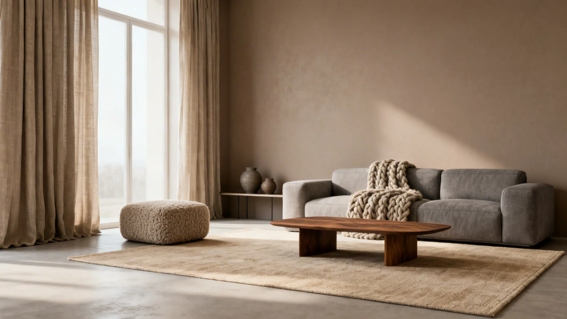 Neutral small living room with textured layers, boucle ottoman, and linen curtains.