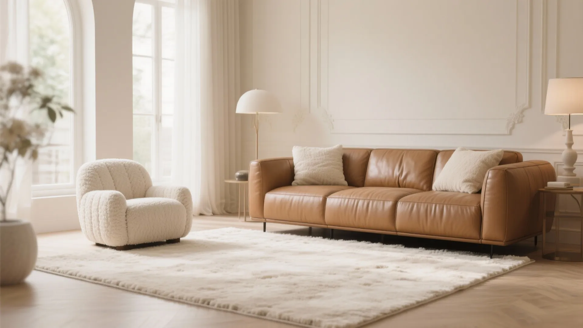Modern living room with a tan leather sofa, white fuzzy armchair, large white rug, and lamps