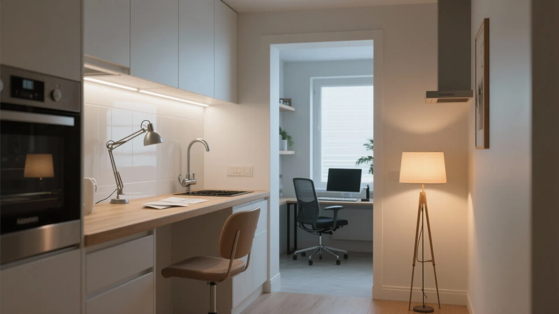 Modern kitchen with wooden counter and desk lamp looking into a bright home office space