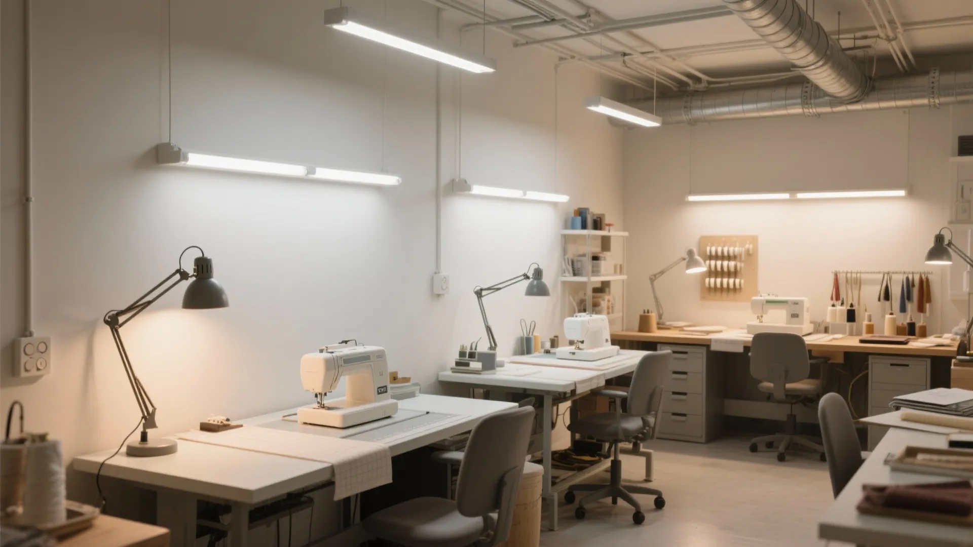 Bright sewing studio with multiple work stations white desks desk lamps and overhead light fixtures