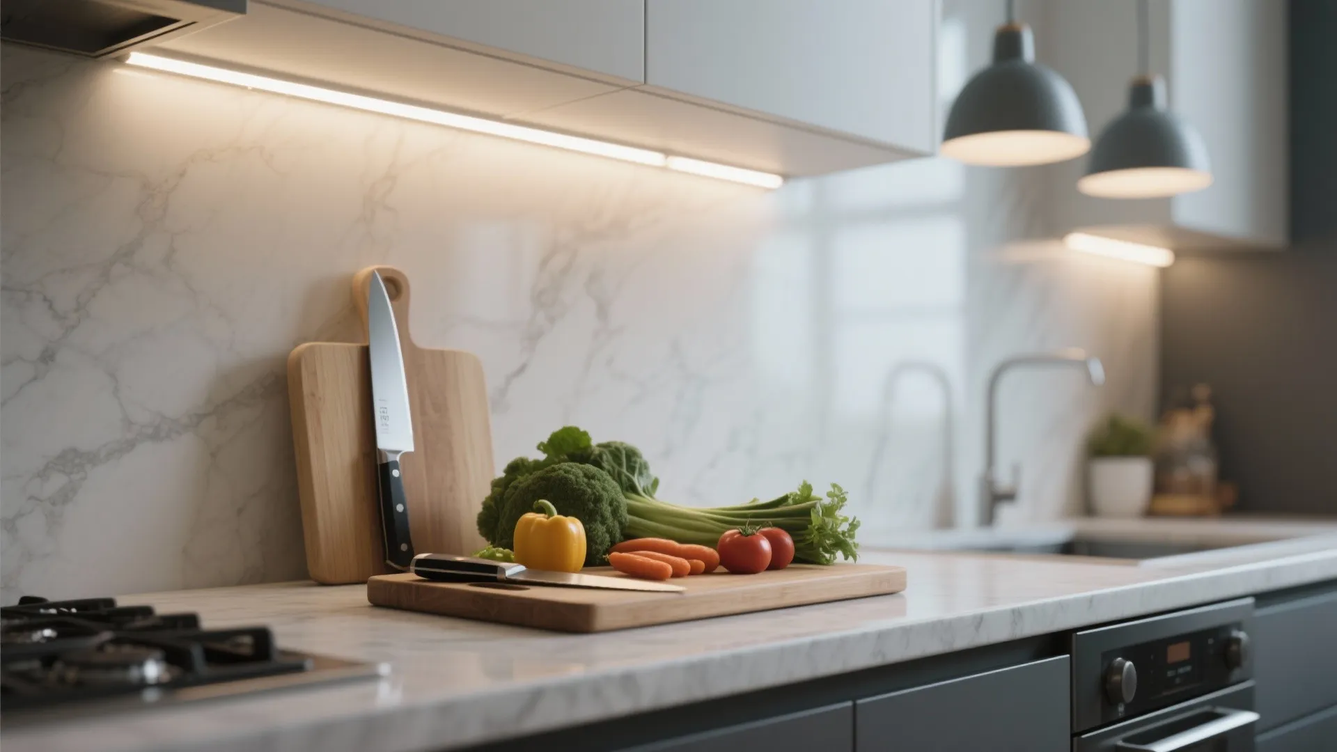 Modern kitchen marble countertop with fresh vegetables on wood cutting board under bright task lights