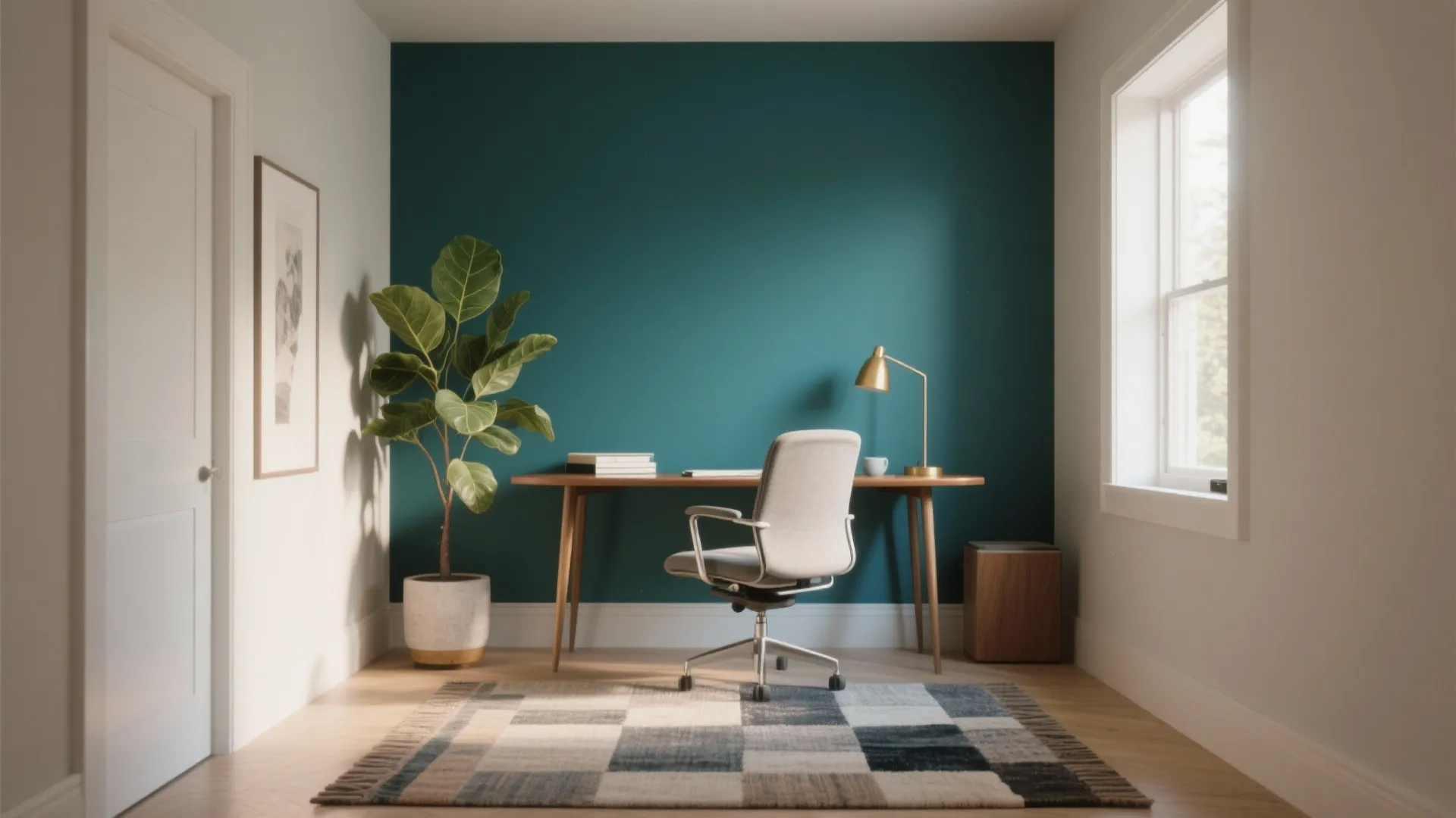 Minimalist office space featuring dark teal accent wall wooden desk white chair checkered rug plant