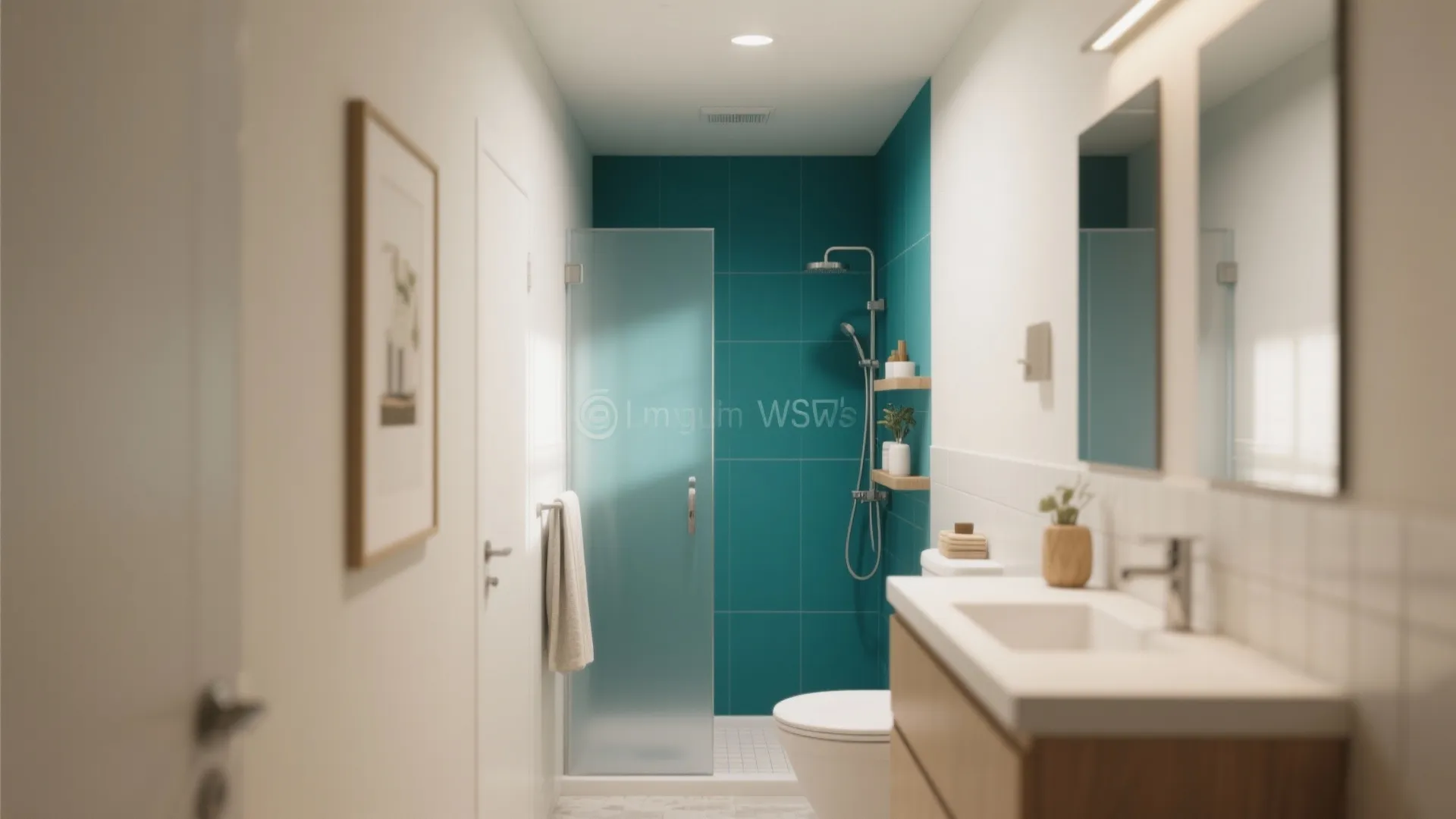 Neutral small bathroom with deep teal shower accent wall