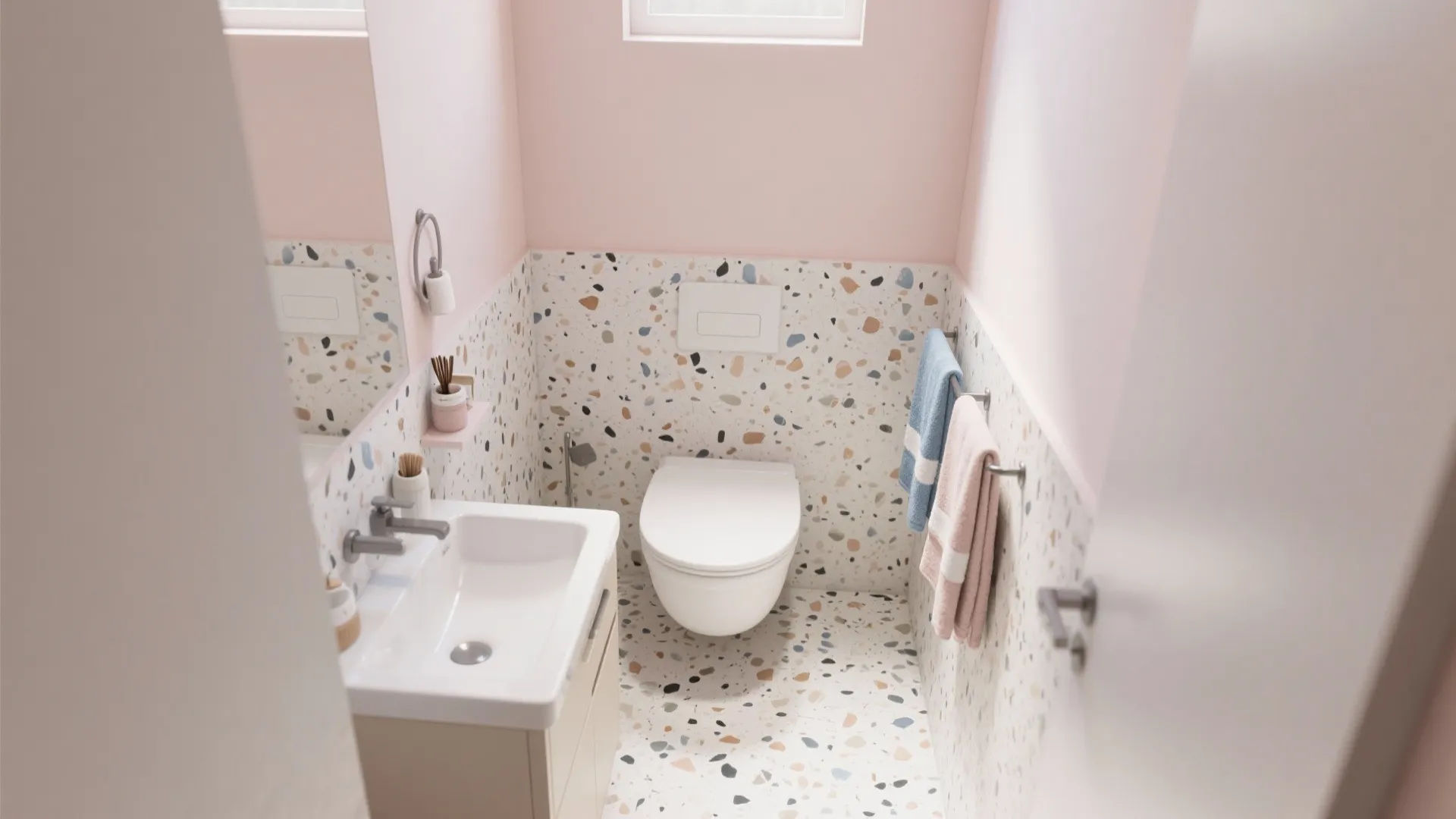 Modern small bathroom with pink upper walls stone pattern lower walls white sink and white toilet