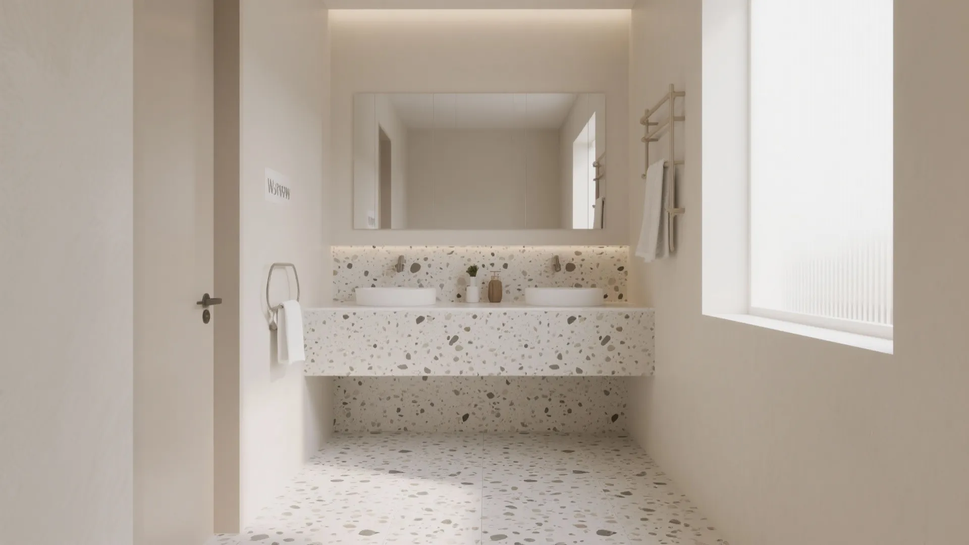 Modern minimalist bathroom featuring terrazzo sink counter matching floor tiles mirror and bright natural light