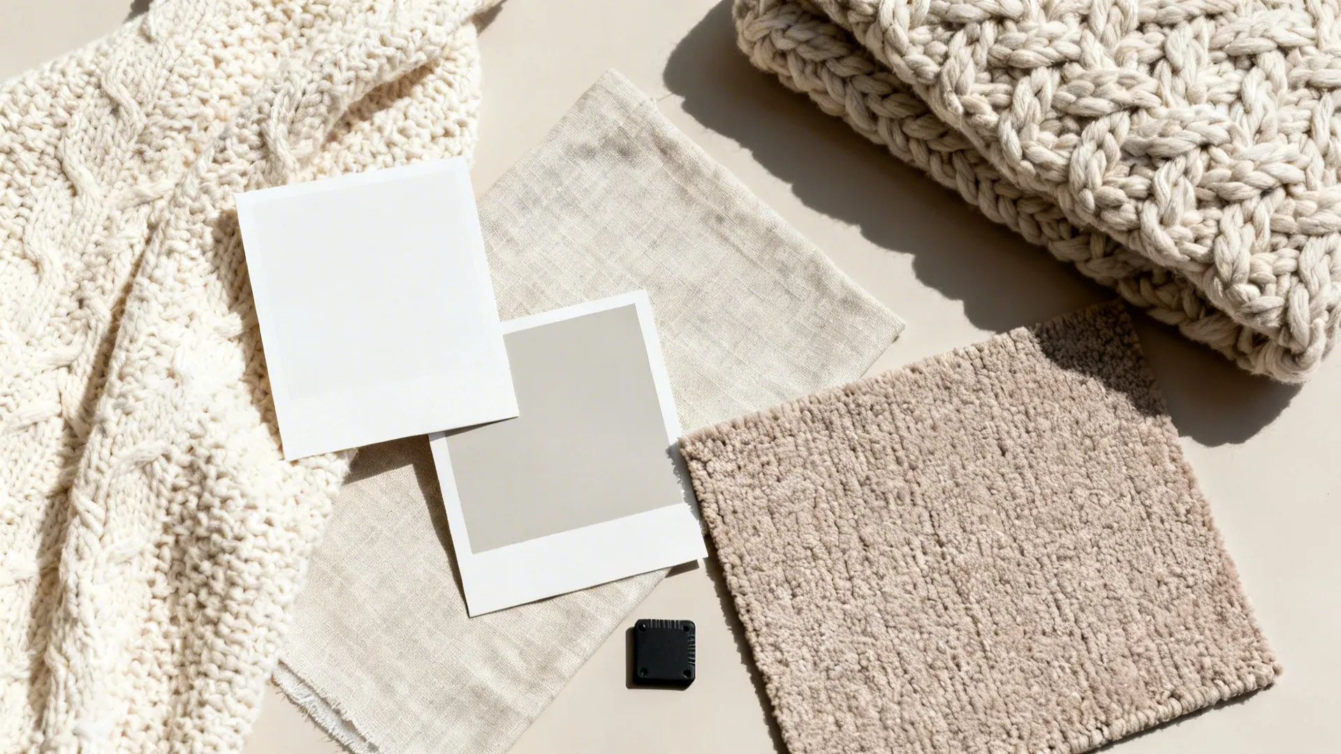 Flat lay with neutral beige fabrics a chunky knit blanket carpet sample and two cards