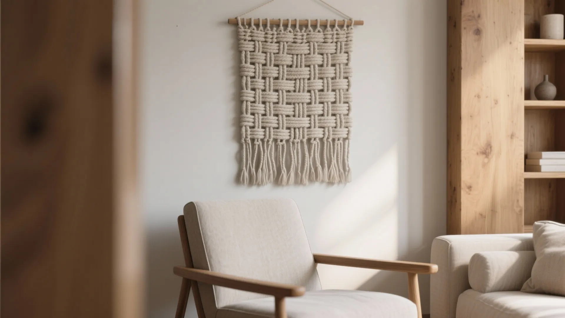 Woven wall hanging above a modern chair with wooden arms in a bright living room
