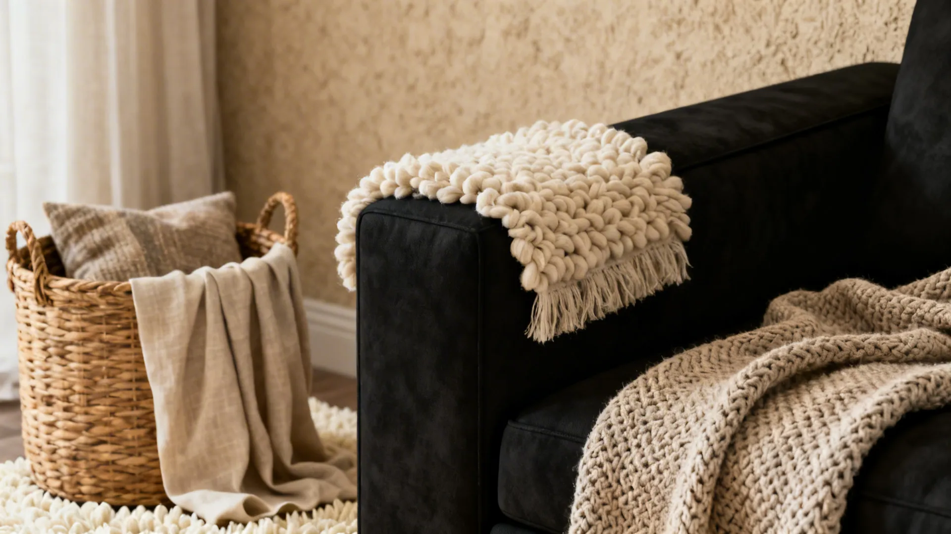 Macro view of a black couch with layered cream rug, linen drape, and knitted throw.