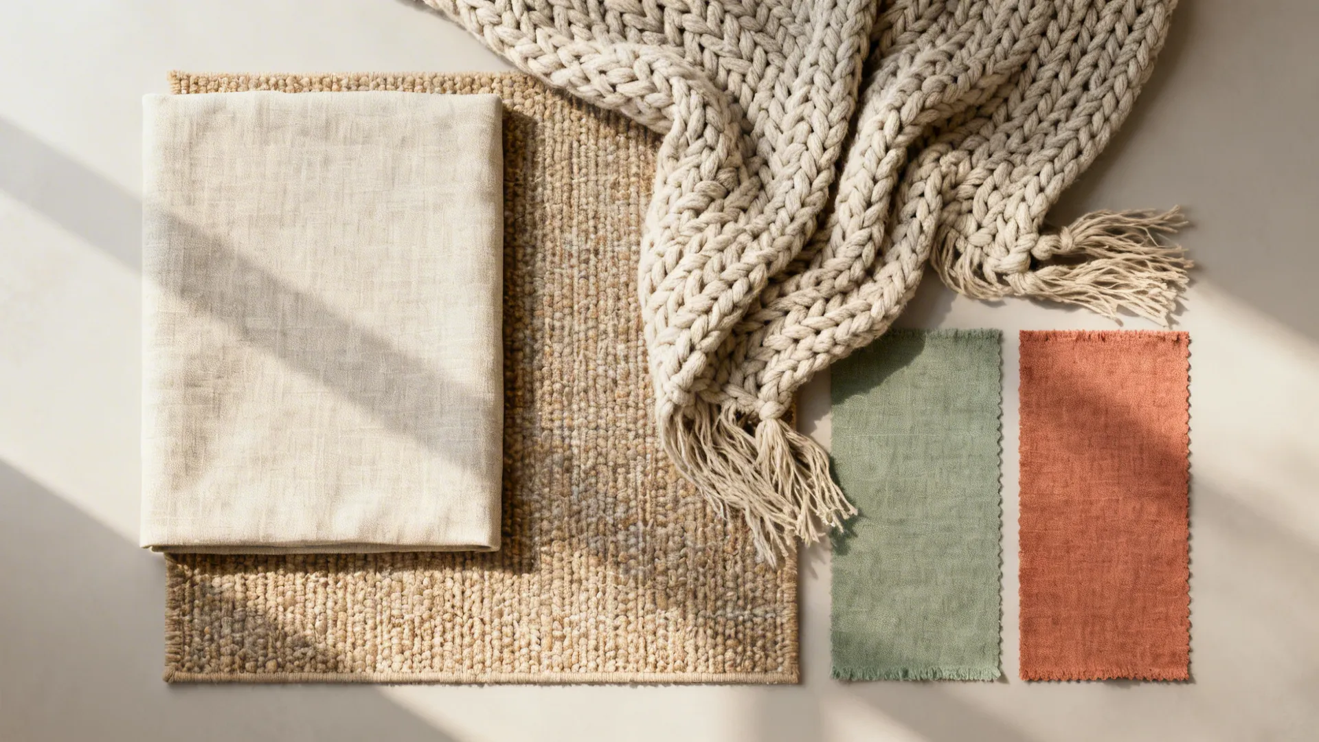 Flatlay of linen, chunky knit throw and woven rug samples with sage and terracotta accents.