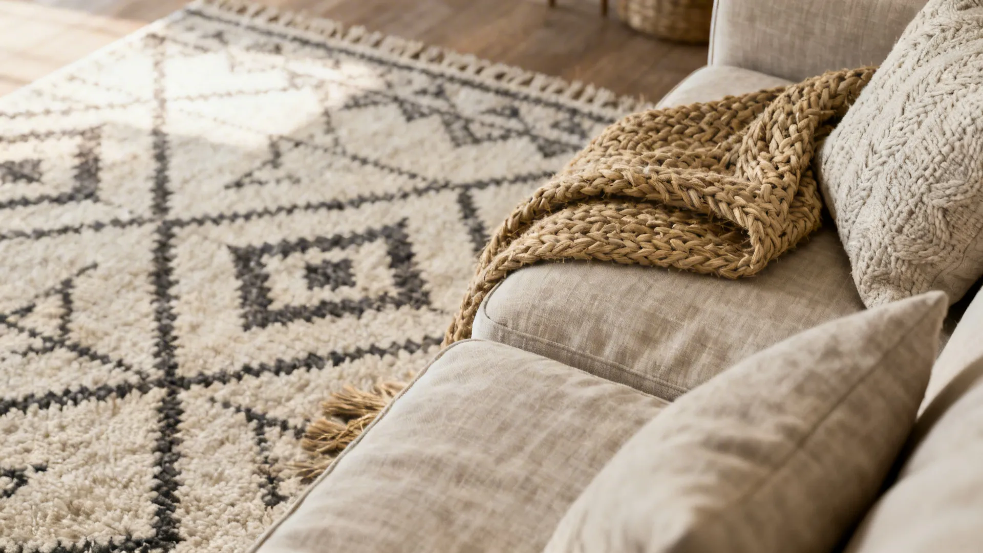 Close up of beige sofa with chunky knit blanket and cream rug showing black patterns