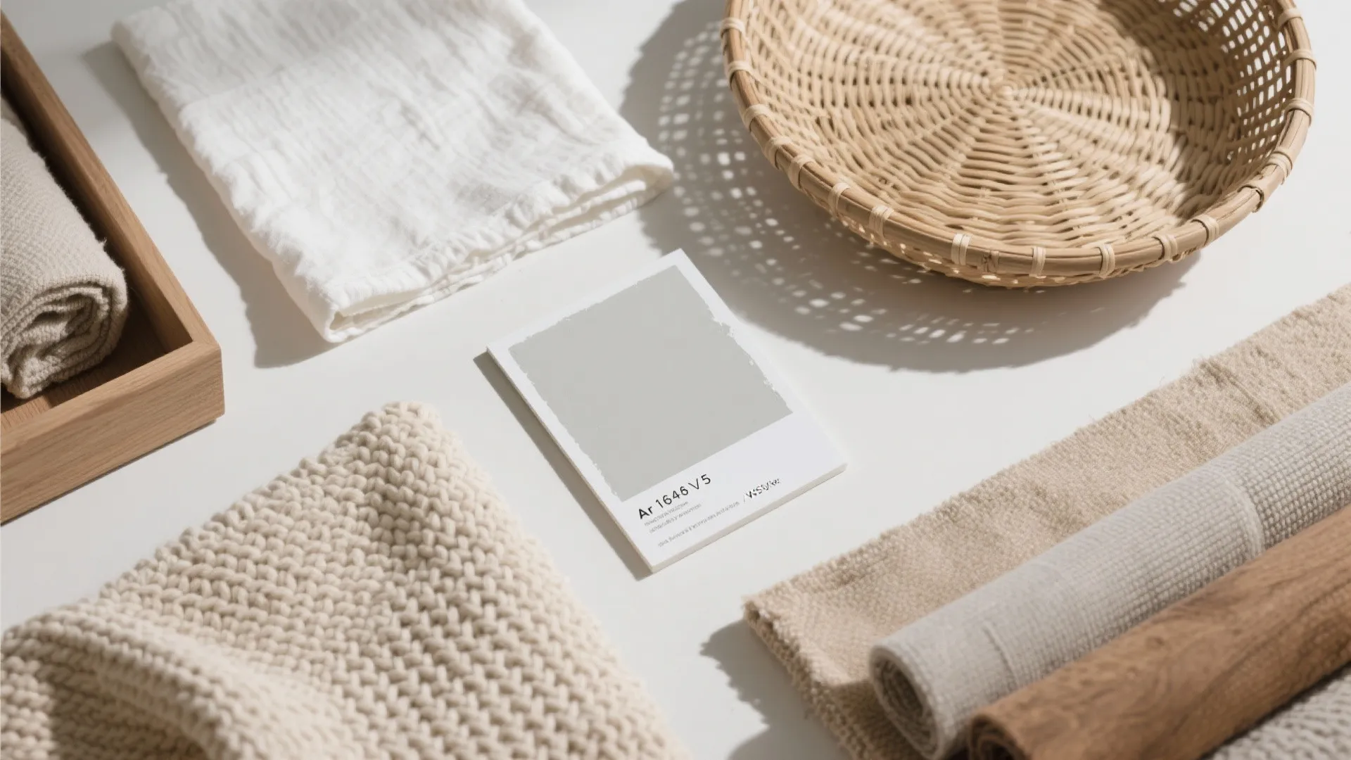 Neutral mood board with fabric samples a woven basket paint swatch and wooden tray items
