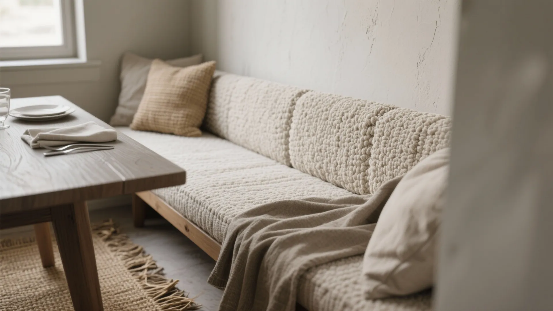 Cozy dining area with wooden table soft beige cushions textured pillows and a woven rug
