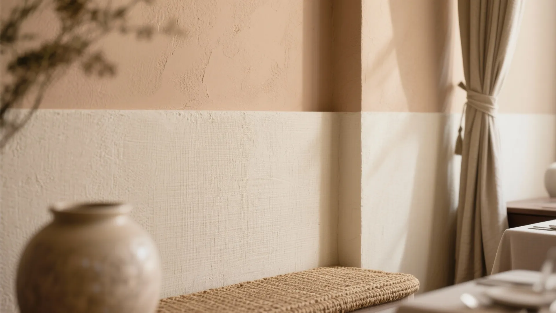 Close up of beige textured wall with white wall panel woven bench and light colored curtain