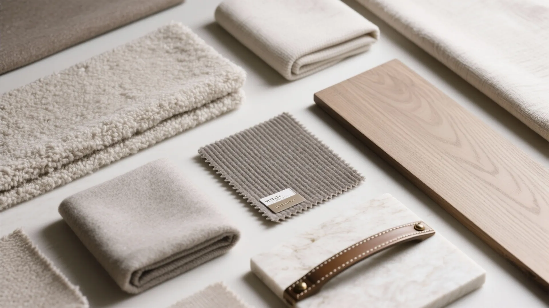 Collection of neutral material samples featuring soft fabric swatches wood plank and marble with handle