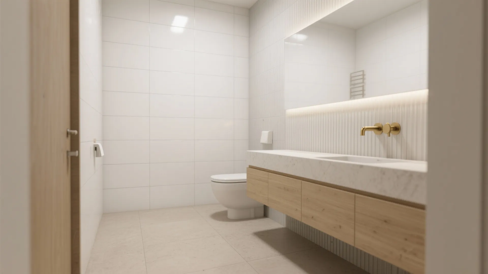 Minimalist bathroom interior with white tiled walls, floating wooden cabinet, gold faucet, and white toilet