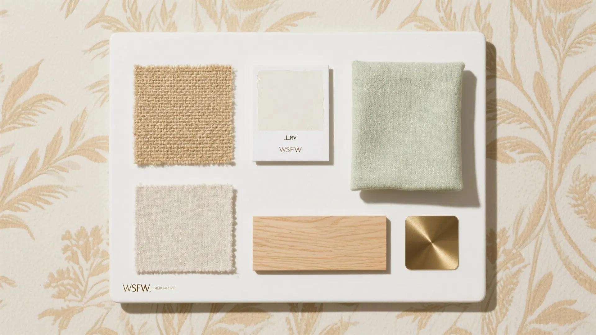 Interior design mood board with fabric samples wood piece and metal detail on floral background