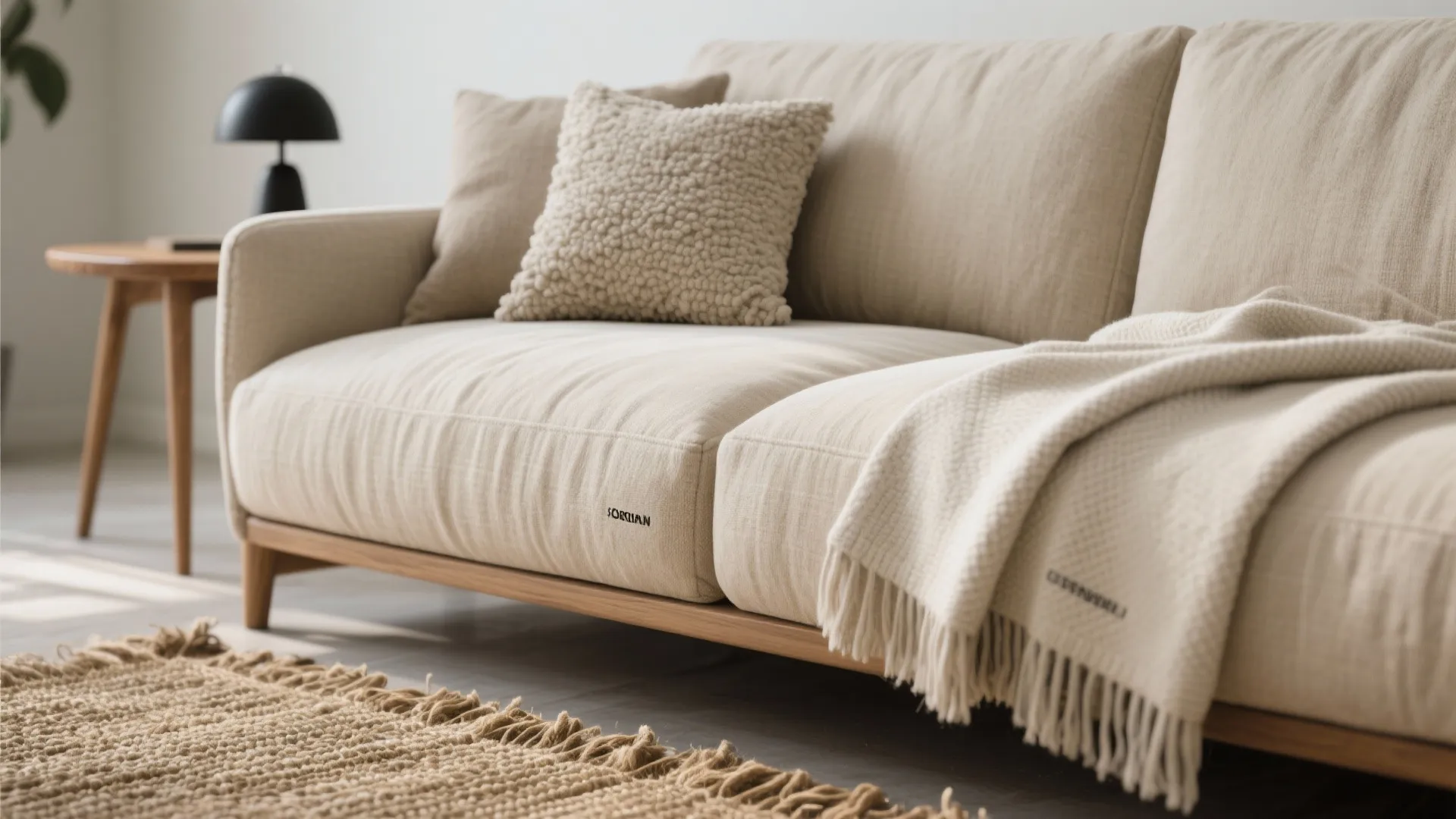Cream fabric sofa with soft textured pillows and a knitted blanket on a wooden base