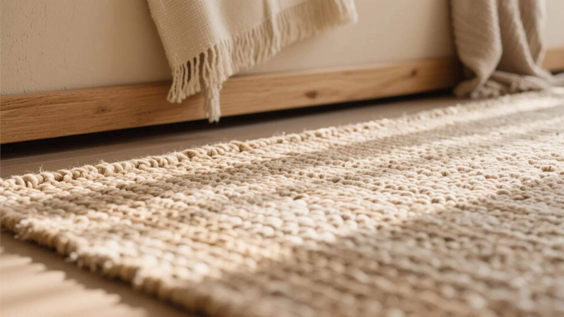 Close up of beige woven rug on wooden floor with sunlight shadows and soft hanging fabric