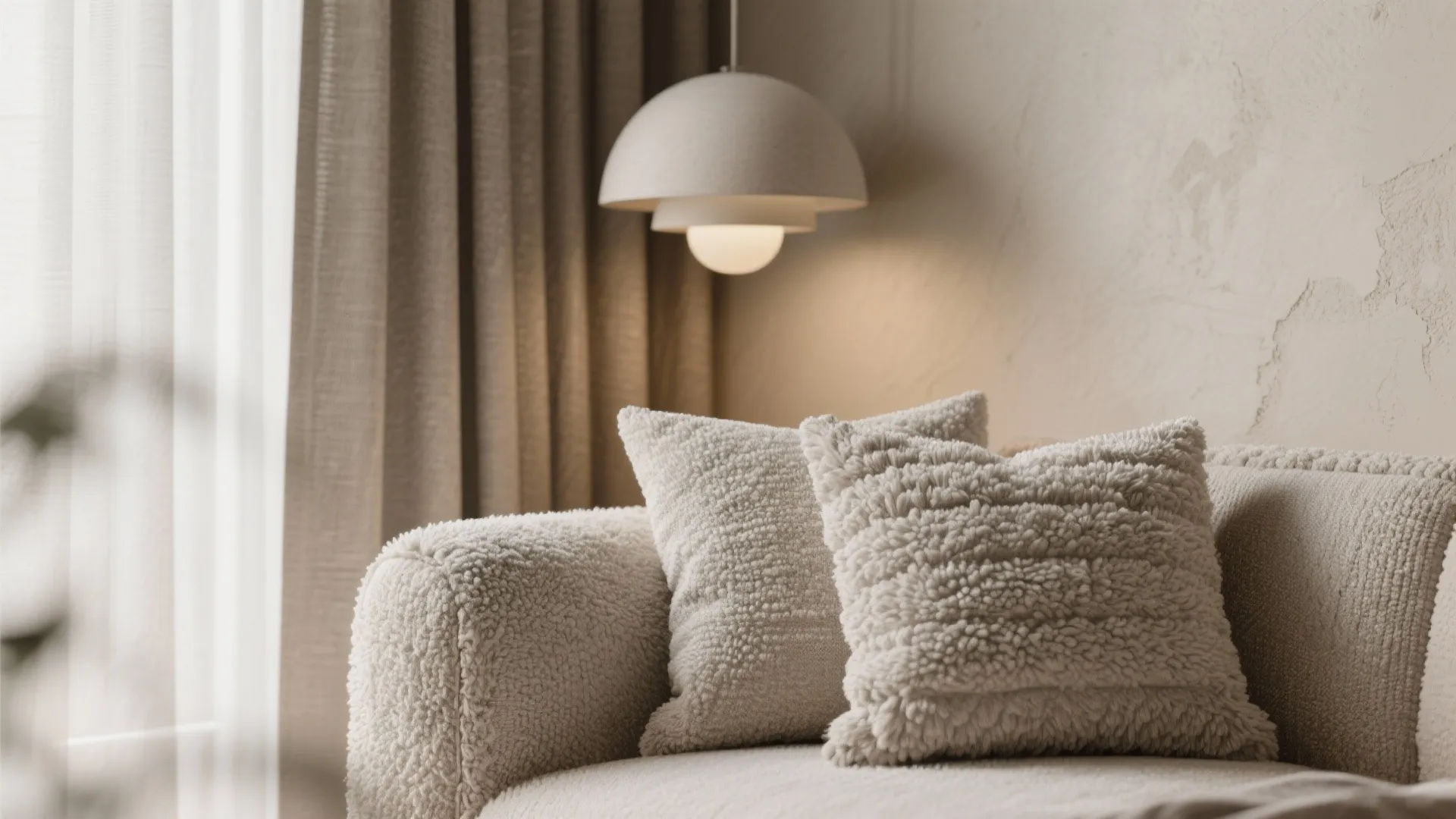 Close up of textured cream sofa with fuzzy pillows beige curtains and modern white ceiling light