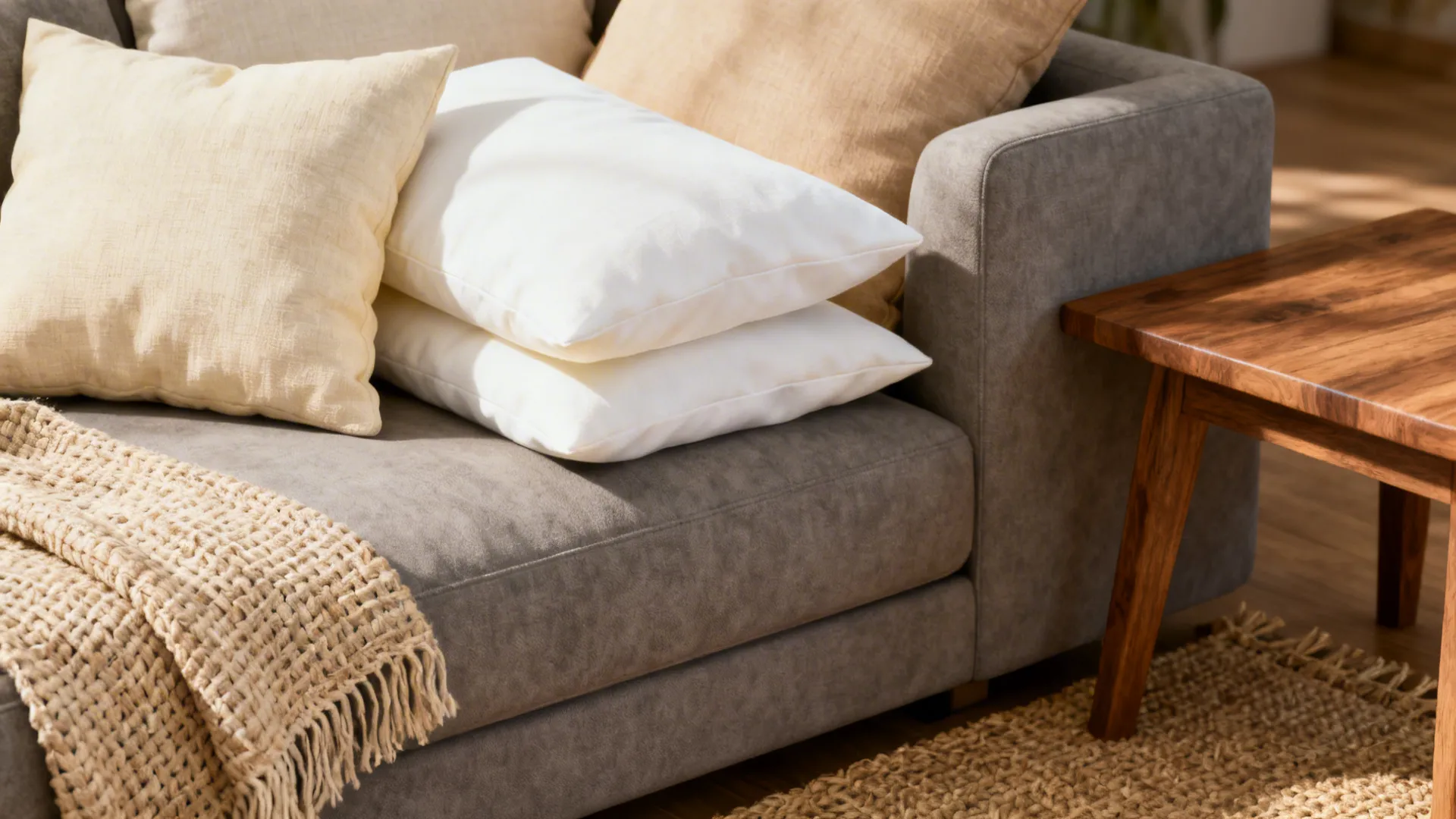 Close-up of grey sofa with beige cushions, woven throw and oak side table