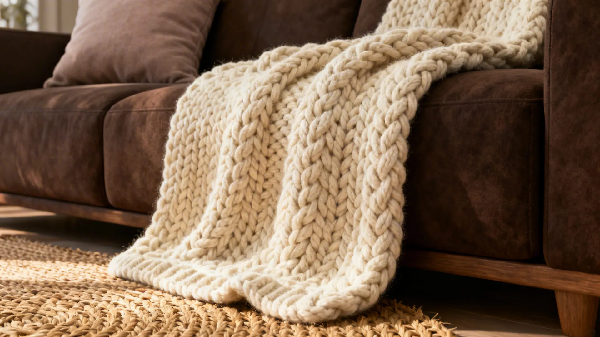 Macro view of a chunky cream throw and taupe cushion on a dark brown sofa with woven rug.