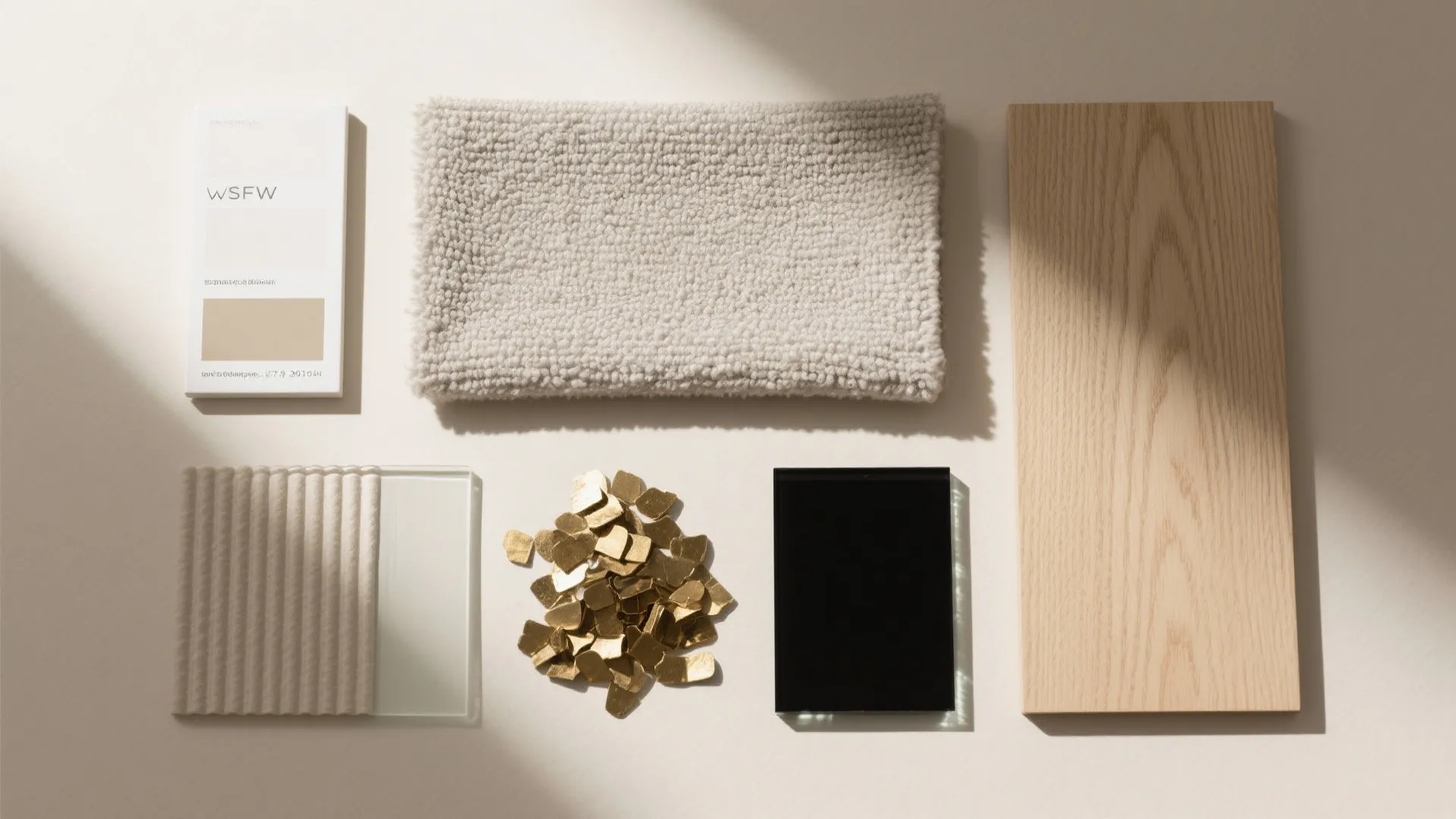 Interior design mood board with wood panel soft rug beige color cards and gold metal