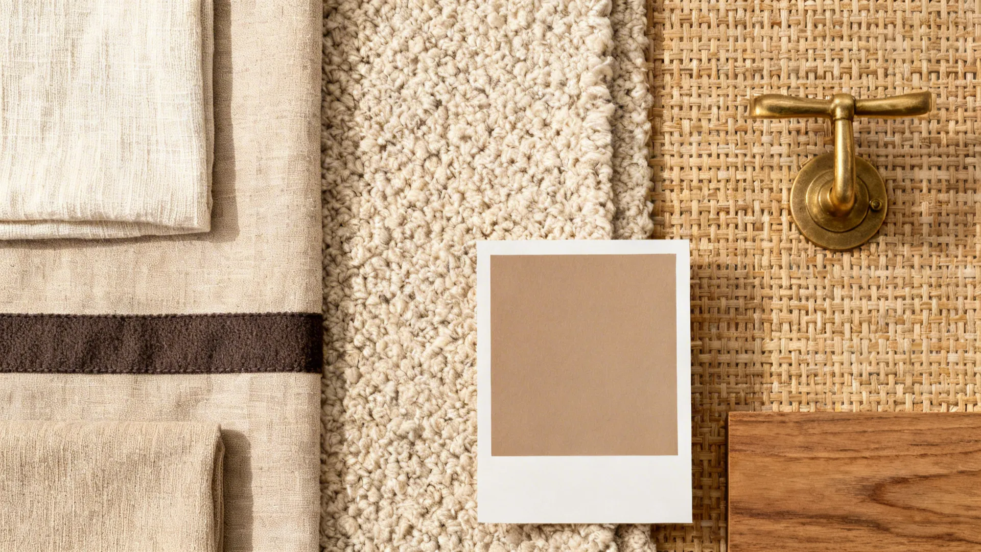 Flat lay of neutral textured fabrics with matching banding, brass, and wood accents.