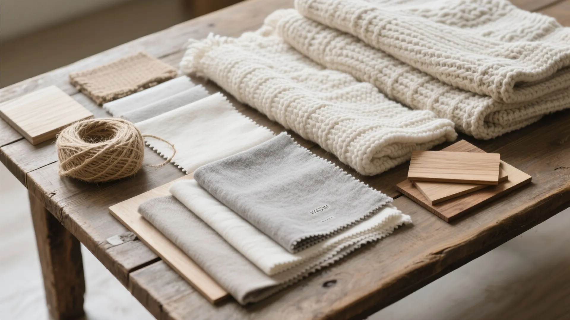 Neutral fabric swatches, wool blankets, wood samples, and twine arranged on a dark wooden table