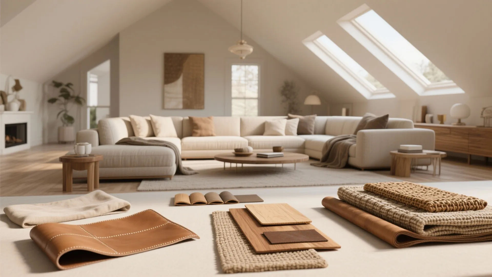 Interior design material samples showing leather and wood textures with a blurry living room background