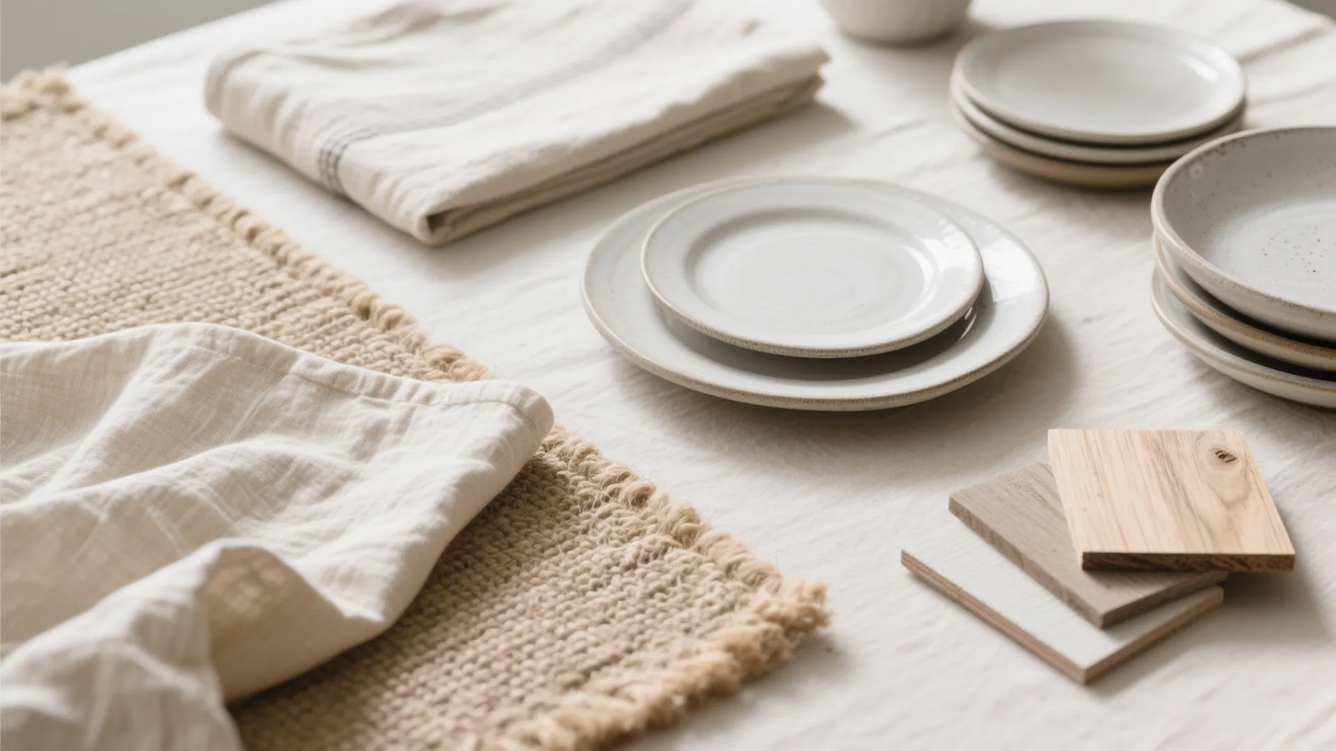 Neutral interior design material board with white ceramic plates linen fabric samples and small wood pieces