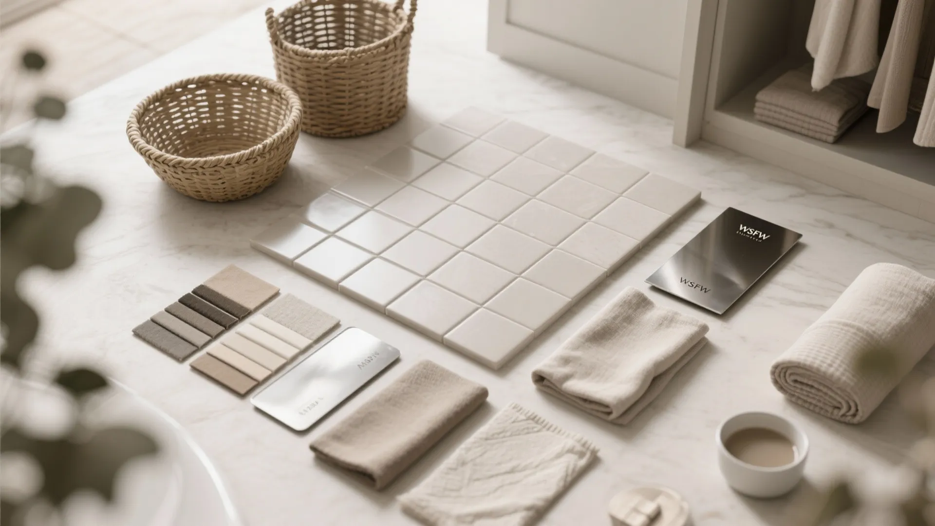 Flat lay of neutral color material samples including tiles fabric swatches and small woven baskets