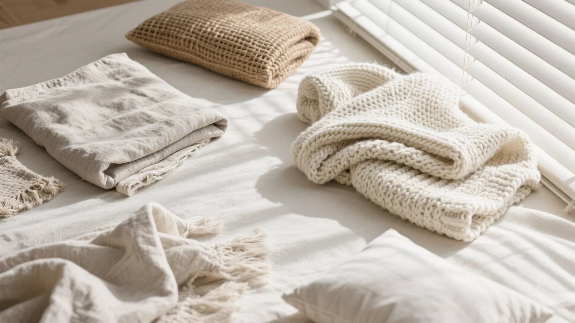 Flat lay of neutral bedroom materials including linen and knit textures