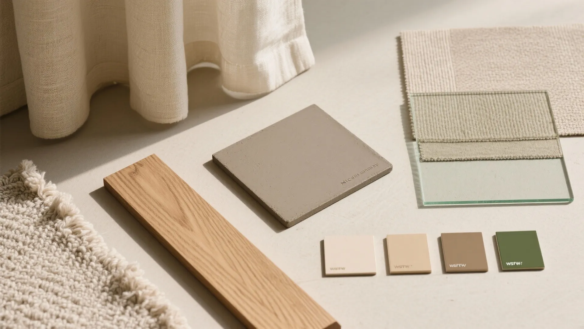 Flat lay of interior design materials including wood floor board carpet samples and stone tile pieces