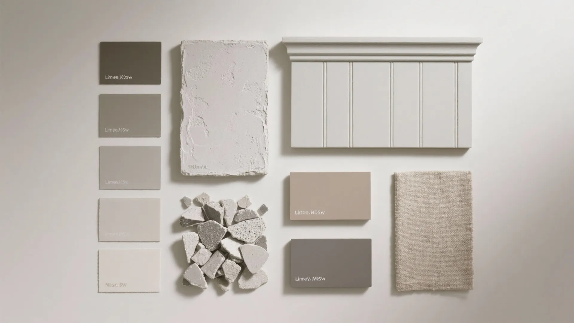 Interior design mood board with color paint samples stone pieces wall panel and fabric texture